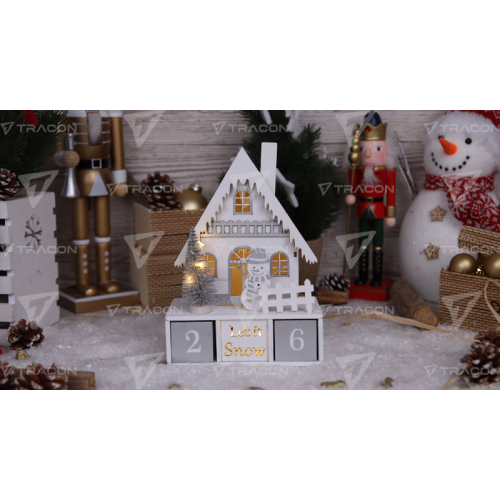 Calendar LED Crăciun cu cuburi, casă, din lemn, cu baterii Timer 6+18h,8LED, 3000K, 2xAA