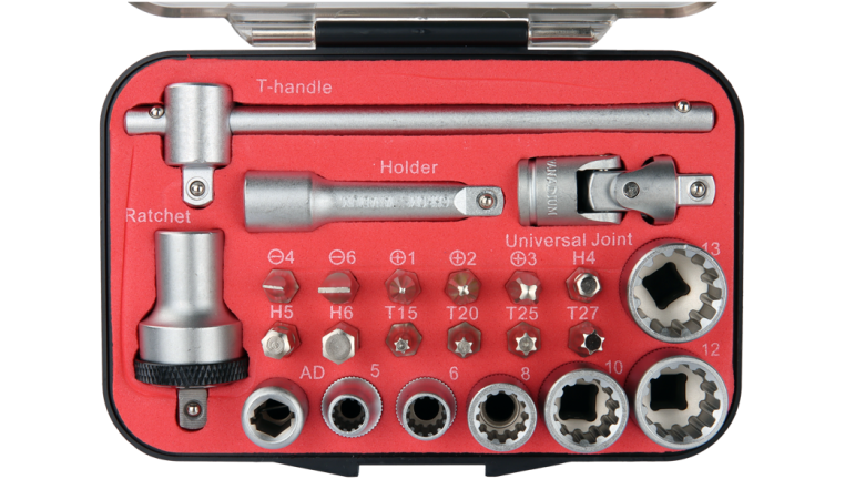 Șurubelniță univers. cu clichet, mâner în T și set de biți 19 bit